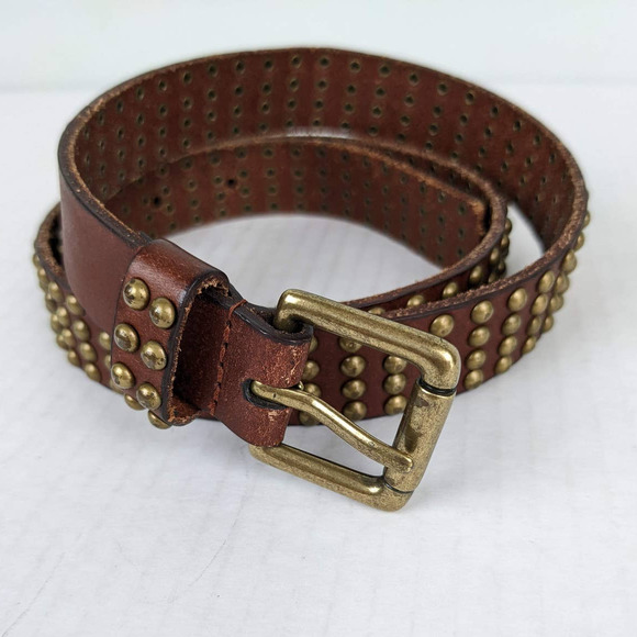 J Crew Belt Leather Studded Brown Gold Toned Hardware 1" Wide Fits 32" - 36" M